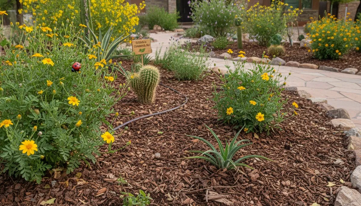 Organic landscape beds with natural mulch and native plants in Phoenix, AZ by Chop Chop Landscaping