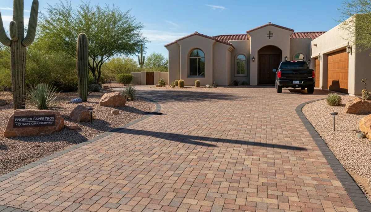 Completed interlocking paver driveway by Chop Chop Landscaping in Phoenix, AZ showcasing expert craftsmanship