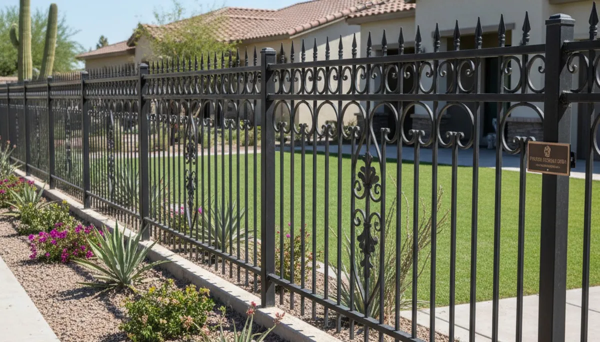 Black ornamental metal fence with decorative design installed by landscapers in Phoenix, AZ