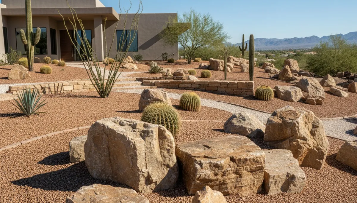 Decorative boulders and desert stone landscape design in Phoenix, AZ by Chop Chop Landscaping