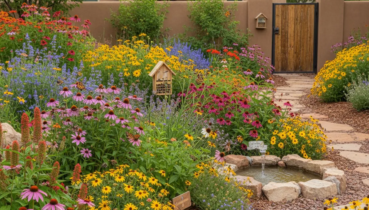 Native pollinator garden with bees and butterflies by organic landscapers in Phoenix, AZ