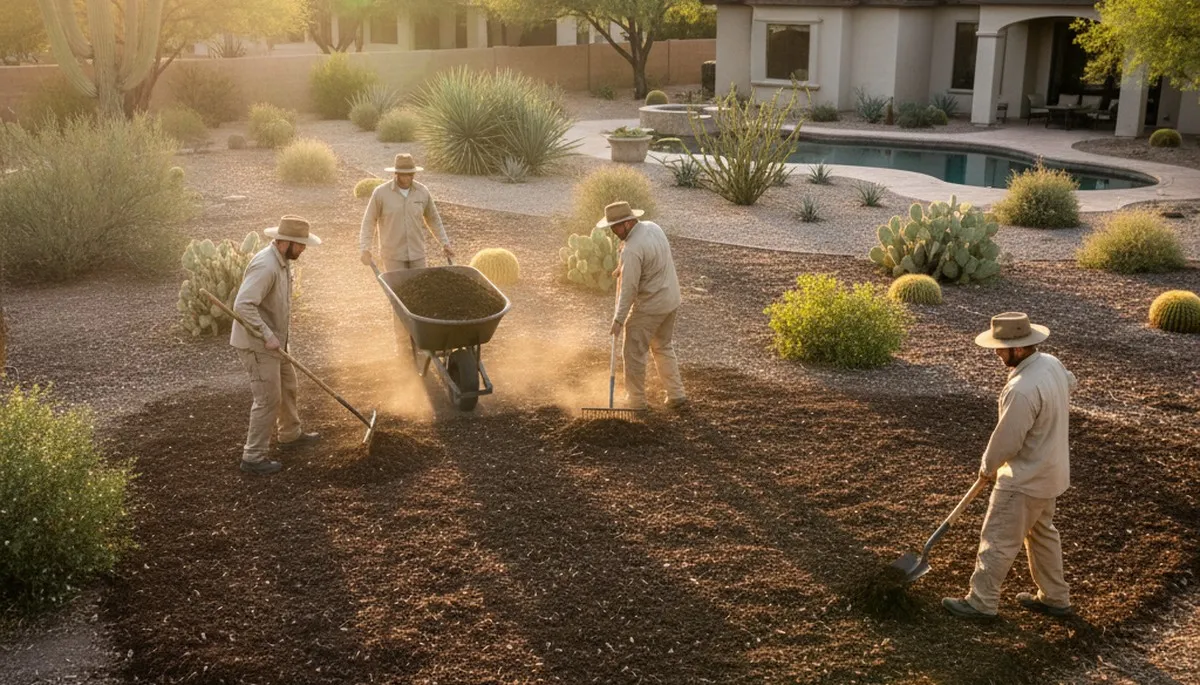 Organic compost and natural fertilizer applied to garden beds by landscapers in Phoenix, AZ