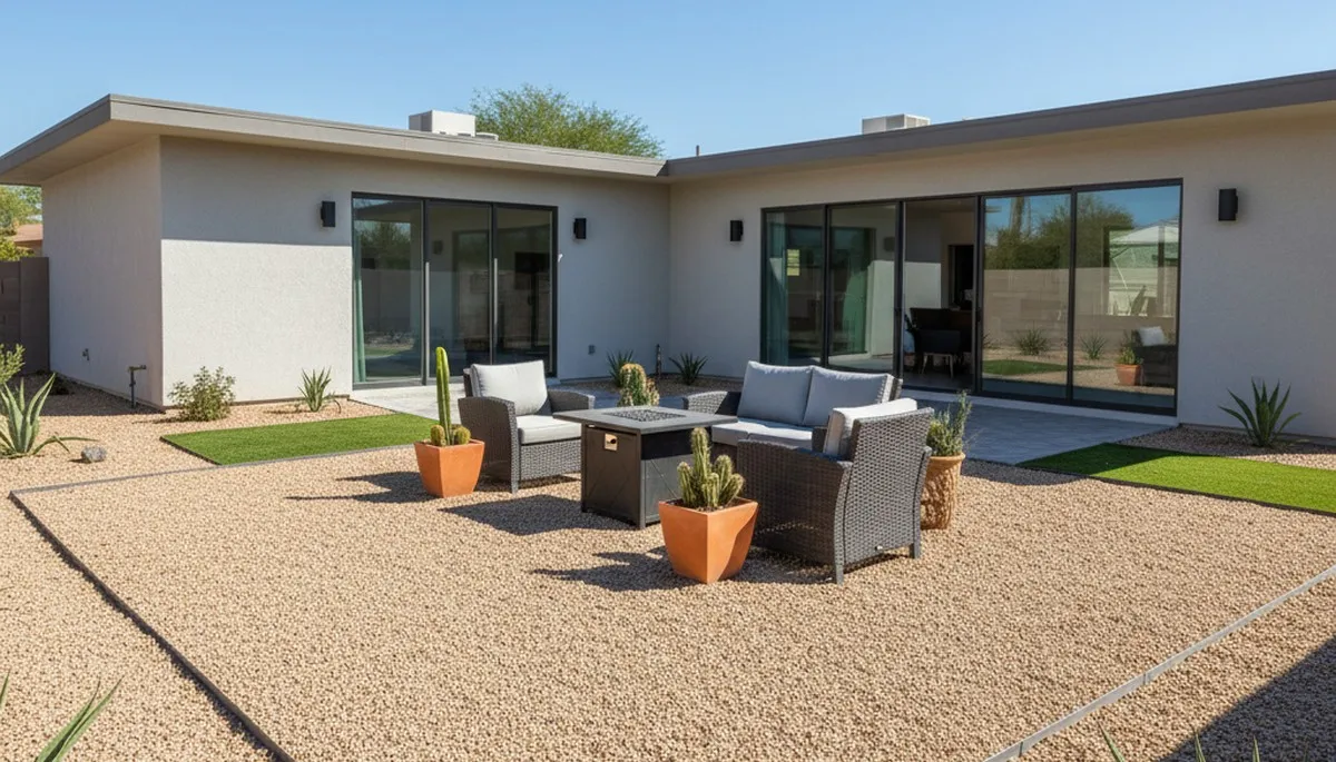 Professionally installed pea gravel patio with furniture in Phoenix, AZ by Chop Chop Landscaping