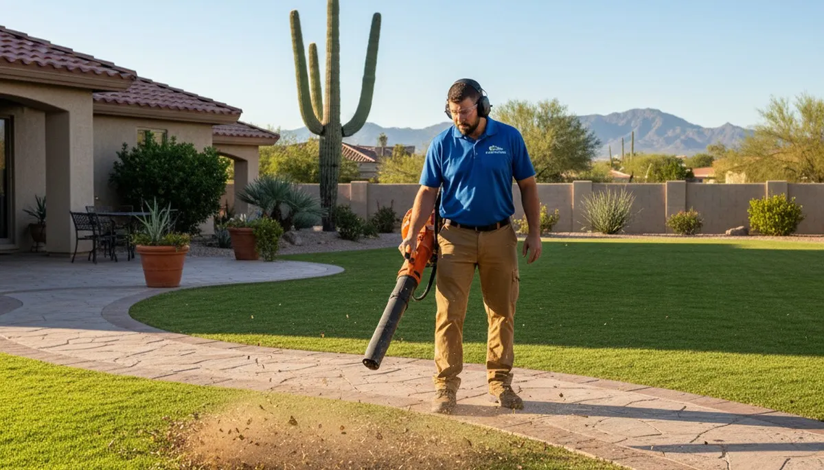Landscaper using leaf blower for lawn debris cleanup on Phoenix, AZ property during maintenance service