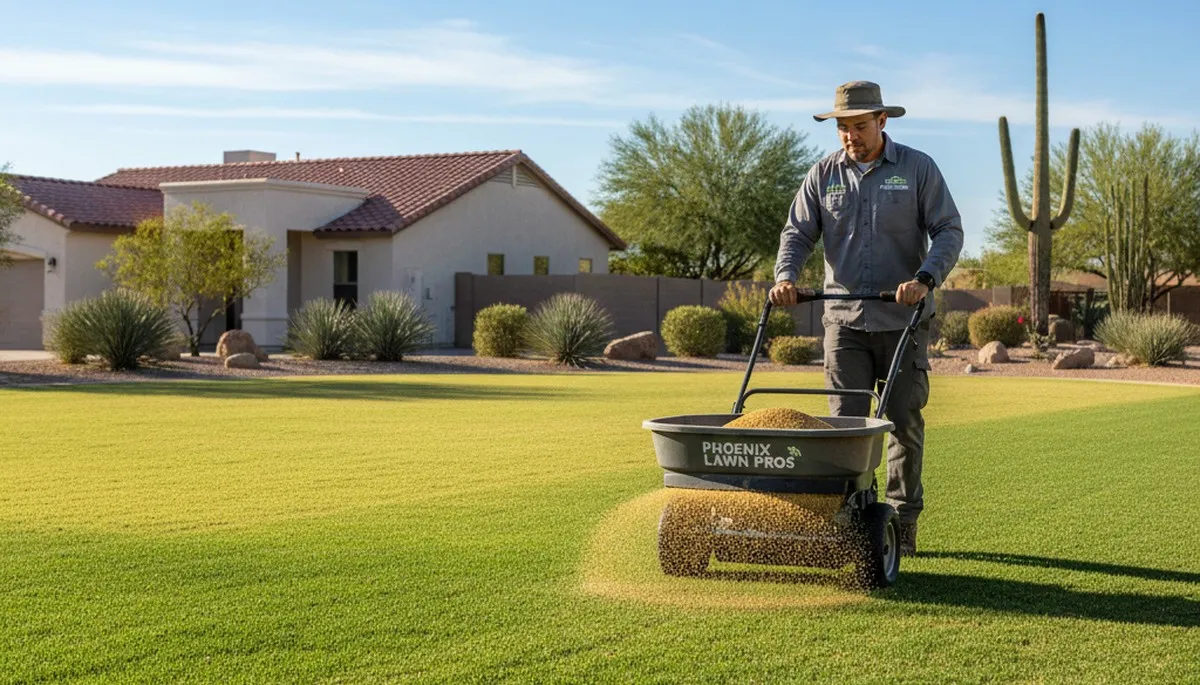 Lawn care technician fertilizing residential yard with spreader in Phoenix, AZ by Chop Chop Landscaping