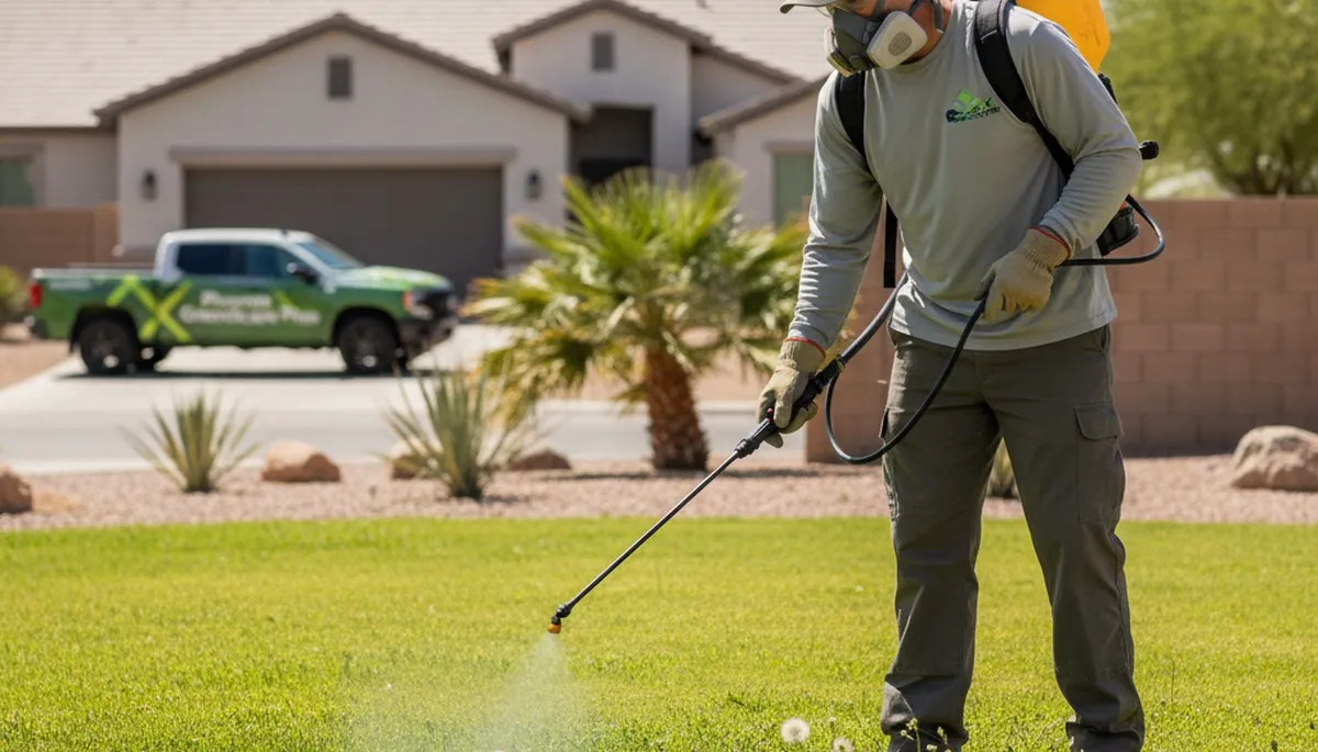 Professional landscaper applying targeted weed control on residential lawn in Phoenix, AZ